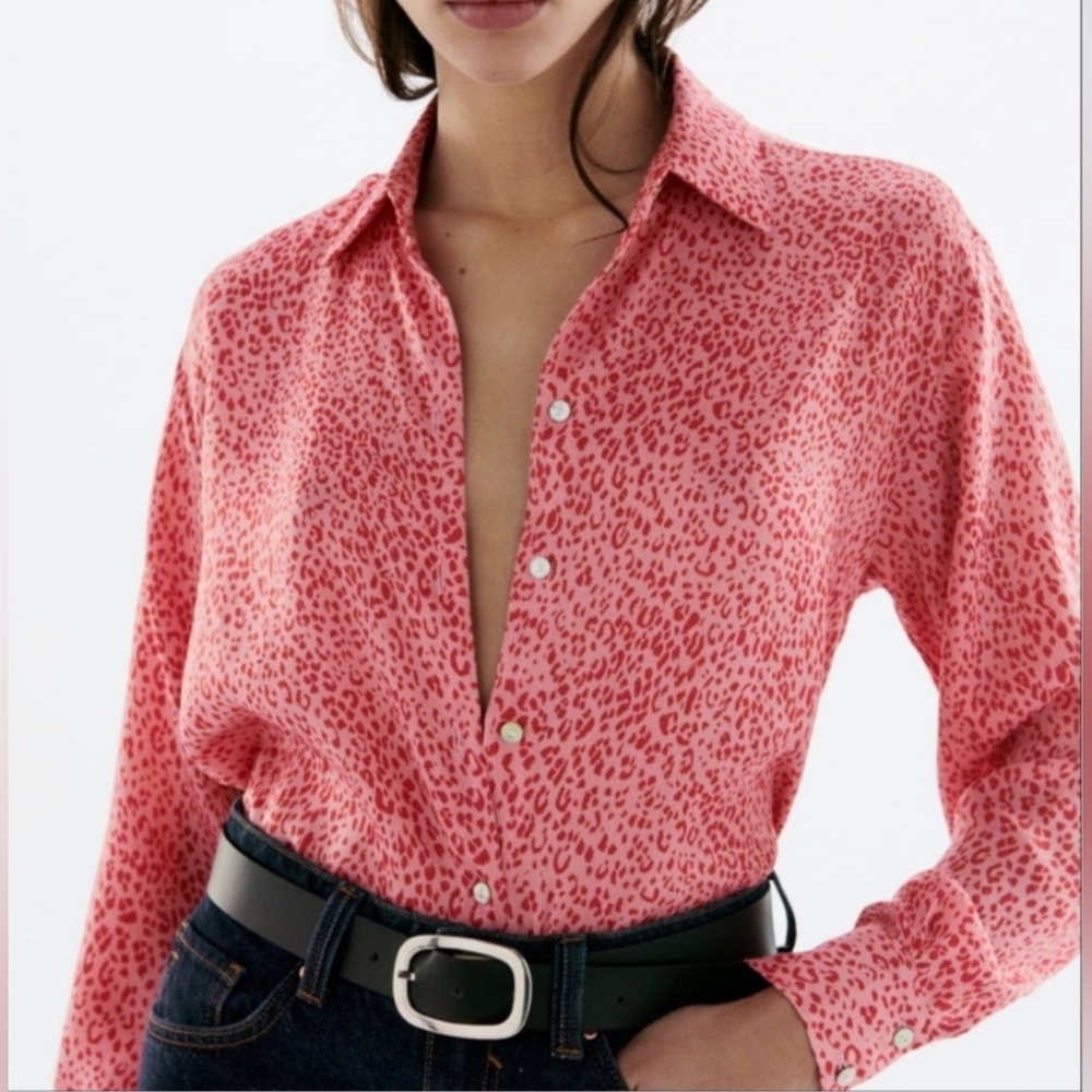 Zara - Pink Red Leopard Print Button - Up Collared Shirt – EUC
